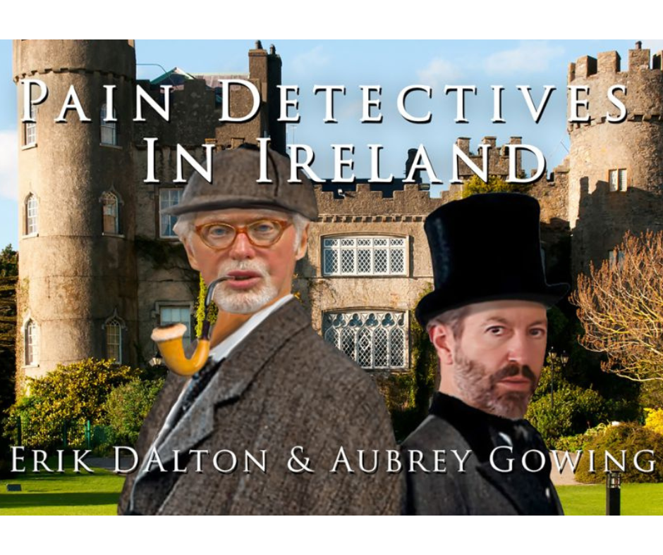 Erik Dalton and Aubrey Gowing appear dressed in detective costume. There is an image of a castle behind them.